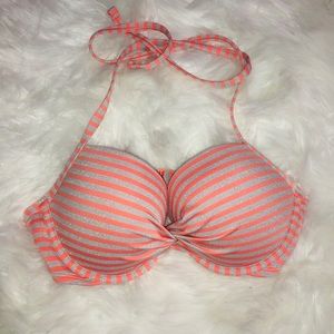 Aerie Bikini Top Silver Orange Stripe EUC Sz 34D